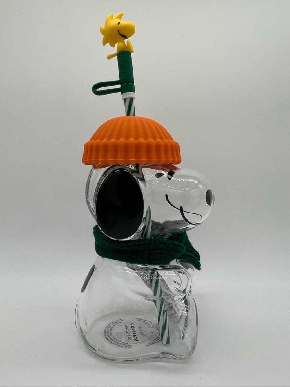 Starbucks Clear Snoopy Shaped Drink Bottle with Orange Hat and Green Scarf
